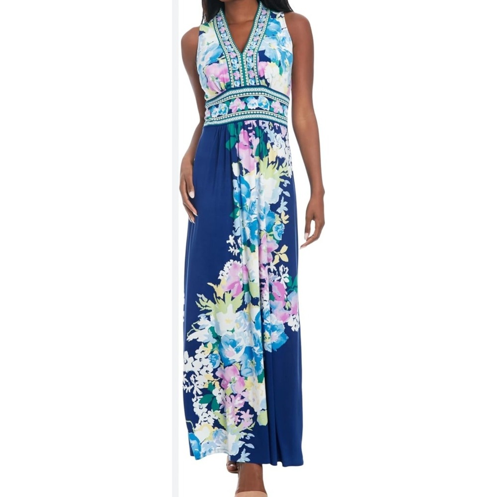 NWT London Times Womens Blue Floral Print Sleeveless Knit Maxi Garden Wedding 14